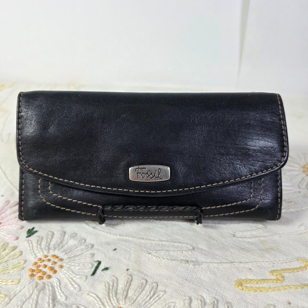Fossil Black Leather Checkbook Wallet Bifold Organizer Clutch Contrast Stitch